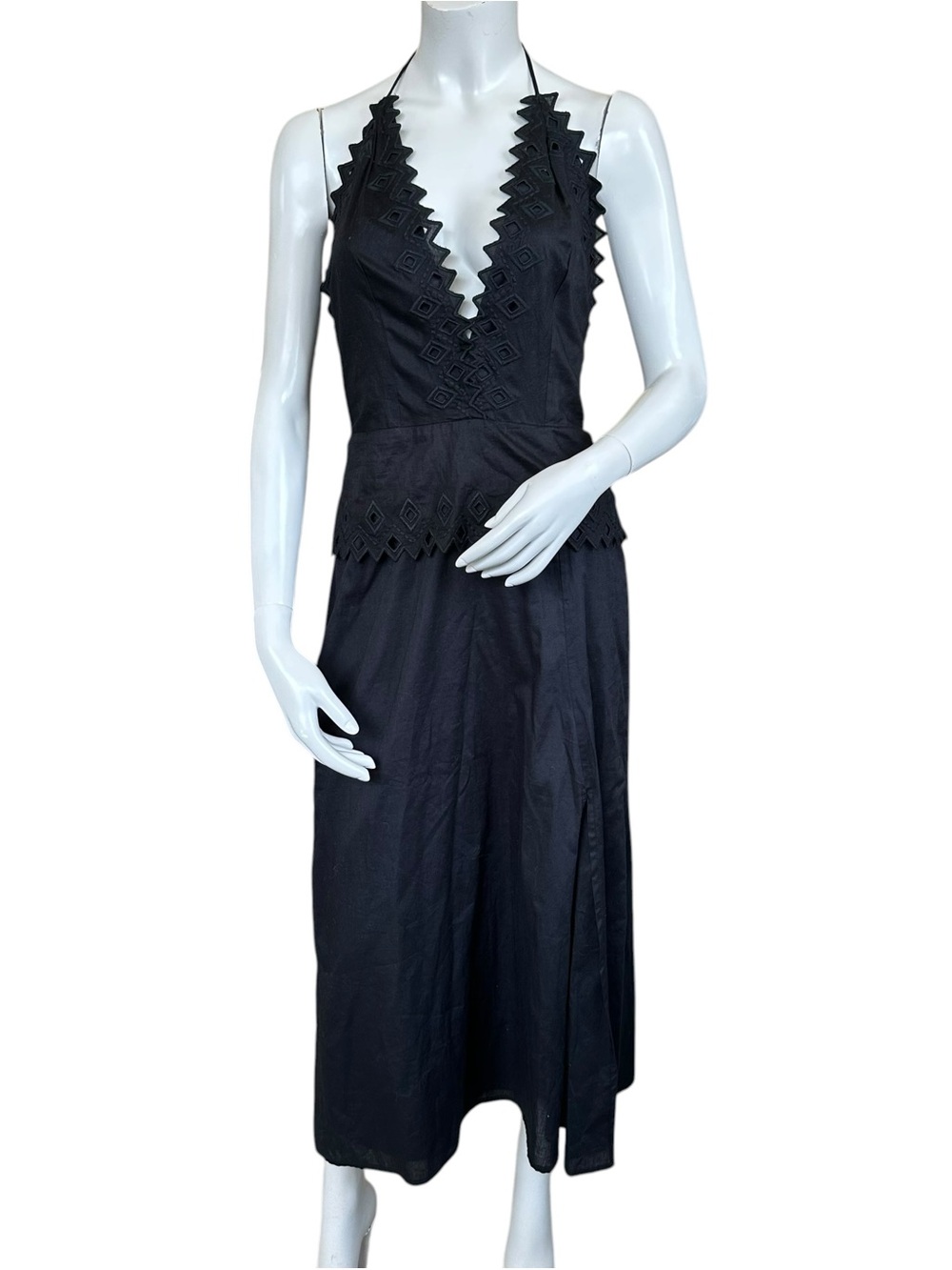 Vix “Tara” Black Plunge Neck Open Strappy Back Side Slit Cotton MIDI Dress Small - Picture 3 of 11